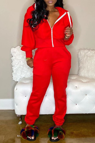 Red adult Casual Fashion Zippered Two Piece Suits Solid pencil Long Sleeve