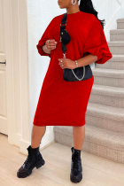 Vestidos retos em patchwork liso vermelho casual com decote em bico