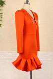 Оранжевые модные сексуальные однотонные лоскутные платья с V-образным вырезом и юбкой