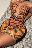 Robes de jupe crayon à col rond en maille à imprimé léopard