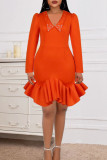 Orange Fashion Sexy Solid Patchwork V Neck Wrapped Skirt Dresses