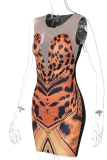 Estampado de leopardo Estampado sexy Malla O Cuello Lápiz Falda Vestidos