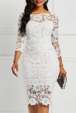 White Sexy Solid Lace O Neck Irregular Dress Dresses