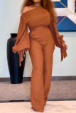 Brown Fashion Casual Solid Vanaje Oblique Collar Jumpsuits regulares