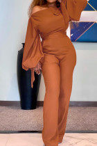 Brown Fashion Casual Solid Vanaje Oblique Collar Jumpsuits regulares