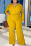 Vêtements de sport à la mode jaune, Patchwork uni, col à capuche, grande taille, trois pièces