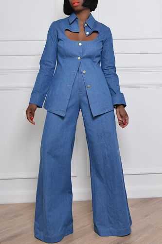 The cowboy blue Casual Solid Hollowed Out Turndown Collar Long Sleeve Two Pieces