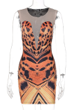 Robes de jupe crayon à col rond en maille à imprimé léopard