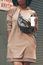 カーキ ファッション カジュアル ソリッド パッチワーク フード付き襟 A ライン ドレス