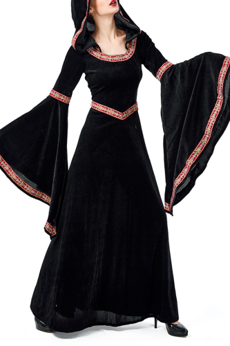 Black Valentines Day Party Vintage Split Joint Flounce Print Costumes