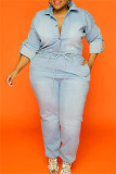 Baby Blue Fashion Casual Chains Backless Turndown Collar Plus Size Jumpsuits