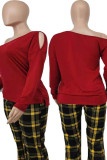 Red Casual Solid Hollowed Out Patchwork Asymmetrical Oblique Collar Tops