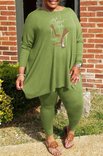 Green Fashion Casual Hot Drilling Patchwork O Neck Plus Size Two Pieces