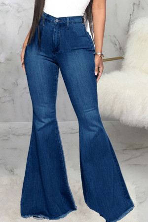 Dark Blue Fashion Street Solid High Waist Flare Leg Denim Jeans