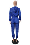 ブルーファッションカジュアルパッチワークジッパーフード付きカラー長袖ツーピース