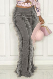 Khaki Fashion Solid Patchwork Feathers Boot Cut High Waist Speaker Solid Color Bottoms