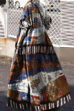 Marineblauw vintage print patchwork gesp turndown kraag overhemdjurk jurken