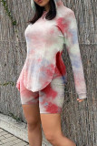 Grey Casual Print Patchwork Asymmetrical Hooded Collar Long Sleeve Two Pieces