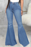 Blue Fashion Street Solid High Waist Flare Leg Denim Jeans