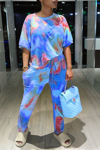 Blue Casual Patchwork Tie-dye O Neck Long Sleeve Two Pieces