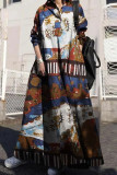 Rode vintage print patchwork gesp turndown kraag overhemdjurk jurken