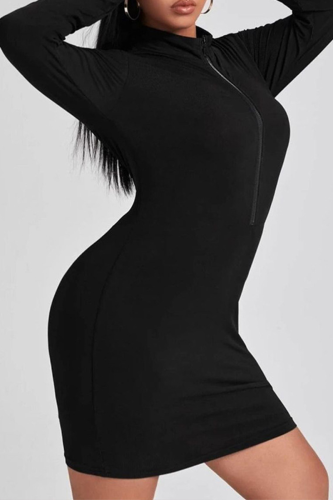 Zwart sexy effen patchwork rits kraag kokerrok plus size jurken