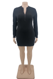 Black Sexy Solid Patchwork Zipper Collar Pencil Skirt Plus Size Dresses