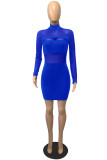 Colorful Blue Fashion Sexy Solid Patchwork O Neck One Step Skirt Dresses