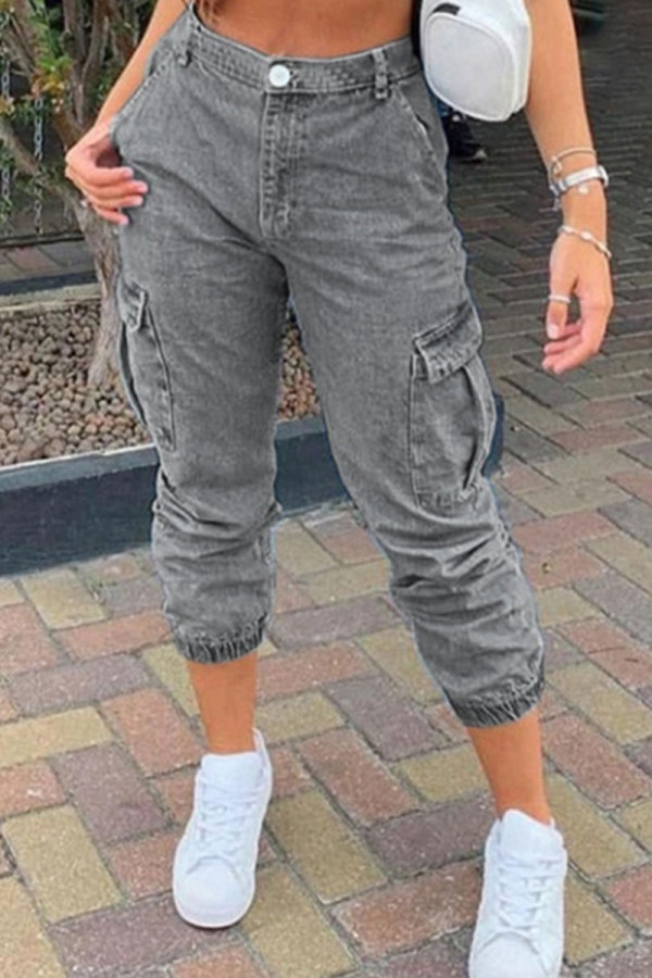 Jeans cinza fashion street sólido patchwork cintura média
