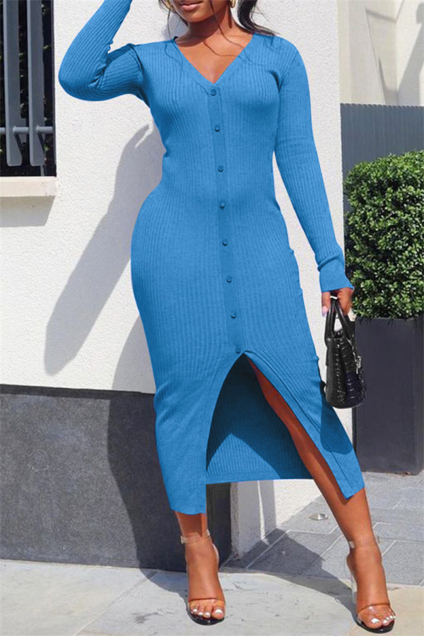 Vestidos casuais sensuais azuis de manga comprida com decote em V e fenda