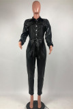 ブラック ファッション カジュアル ソリッド ベルト付き ターンダウン カラー レギュラー ジャンプスーツ