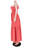 Watermelon Red Fashion Casual Solid Backless Oblique Collar Long Sleeve Dresses