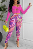 Фиолетовый модный сексуальный принт в стиле пэчворк с квадратным воротником и длинным рукавом из двух предметов