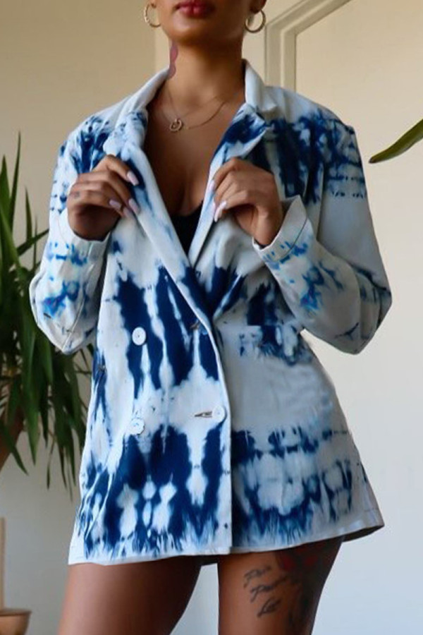 Blå Mode Casual Print Cardigan Turndown-krage Ytterkläder