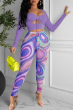 Фиолетовый модный сексуальный принт в стиле пэчворк с квадратным воротником и длинным рукавом из двух предметов