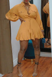 Оранжевые модные повседневные однотонные базовые платья с отложным воротником и длинными рукавами