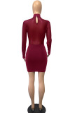 Burgundy Fashion Sexy Solid Patchwork O Neck One Step Skirt Dresses