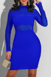 Colorido azul moda sexy sólido retalhos o pescoço vestidos de saia de um passo