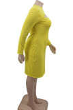 Yellow Sexy Solid Hollowed Out Patchwork O Neck One Step Skirt Plus Size Dresses