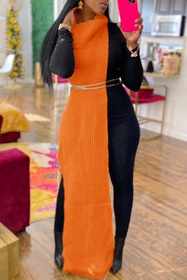 Vestido casual fashion casual sem mangas com fenda sólida laranja (sem corrente na cintura)