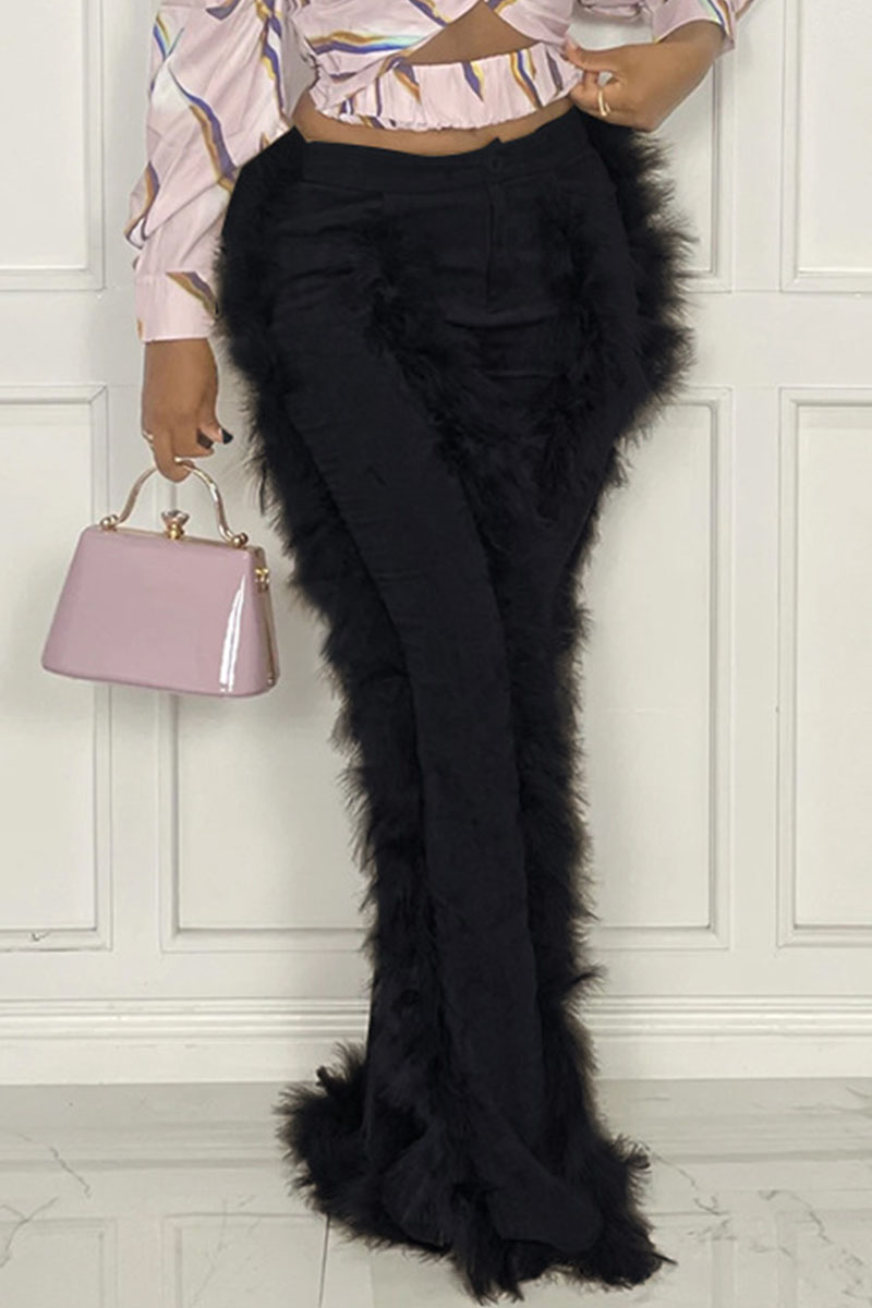 

Black Fashion Solid Split Joint Feathers Boot Cut High Waist Speaker Solid Color Bottoms