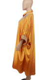 Желтое повседневное платье-рубашка в стиле пэчворк с принтом и отложным воротником Платья больших размеров