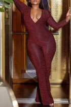 Macacão vermelho fashion casual bronzeado básico com decote em V