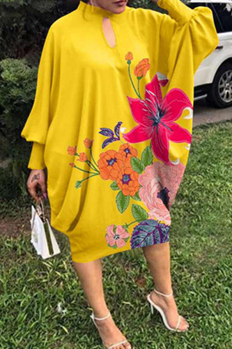 Yellow Fashion Print Hollowed Out Half A Turtleneck Long Sleeve Plus Size Dresses