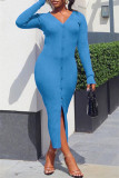 Синие сексуальные повседневные однотонные платья с разрезом и V-образным вырезом с длинным рукавом