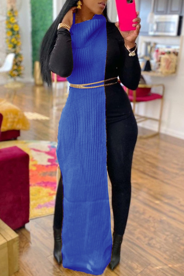 Vestido azul fashion casual com fenda sólida gola alta sem manga (sem corrente na cintura)