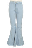 Dark Blue Fashion Street Solid High Waist Flare Leg Denim Jeans