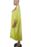 イエローカジュアルプリントパッチワークバックルターンダウンカラーシャツドレスプラスサイズのドレス