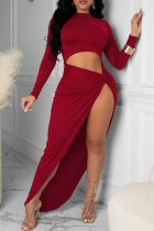 Burgunderrotes, sexy, einfarbiges Patchwork-Kleid mit halbem Rollkragen und unregelmäßigem Kleid