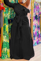 Zwarte Mode Casual Solide Ruglooze Schuine Kraag Jurken met Lange Mouwen